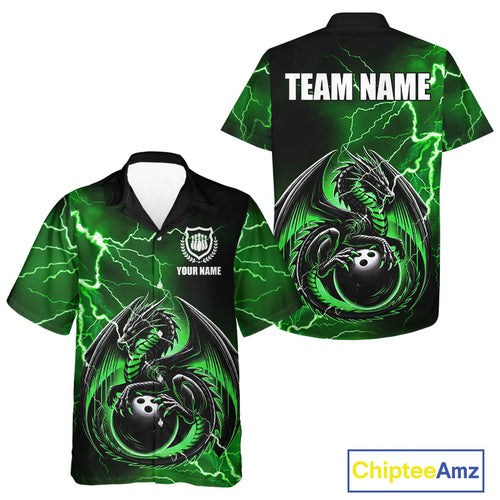 Personalized Black And Green Thunder Lightning Dragon Bowling Hawaiian Shirt, Bowling Team Uniform NQS10296