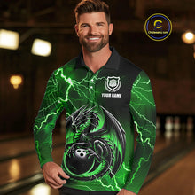 Load image into Gallery viewer, Personalized Black And Green Thunder Lightning Dragon Bowling Shirts For Men, Bowling Team Uniform NQS10296