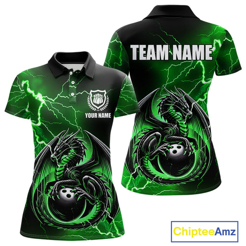 Personalized Black And Green Thunder Lightning Dragon Bowling Shirts For Women, Bowling Team Uniform NQS10296