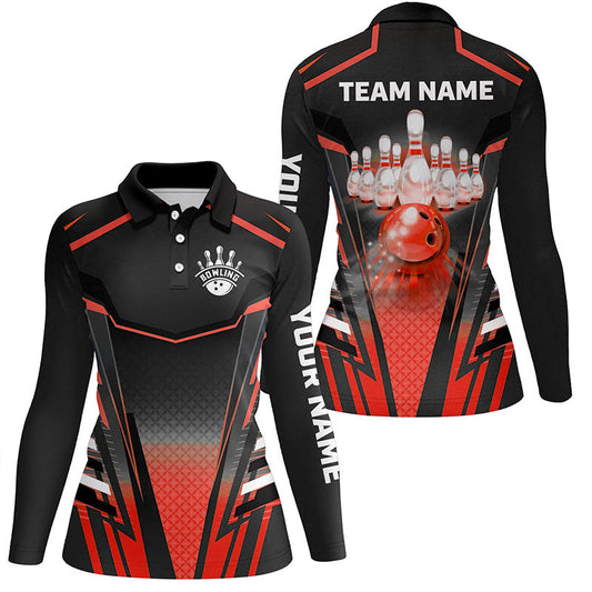 Women bowling Polo, Quarter Zip shirts Custom black & red Bowling ball pin Team Jersey bowling apparel NQS8521