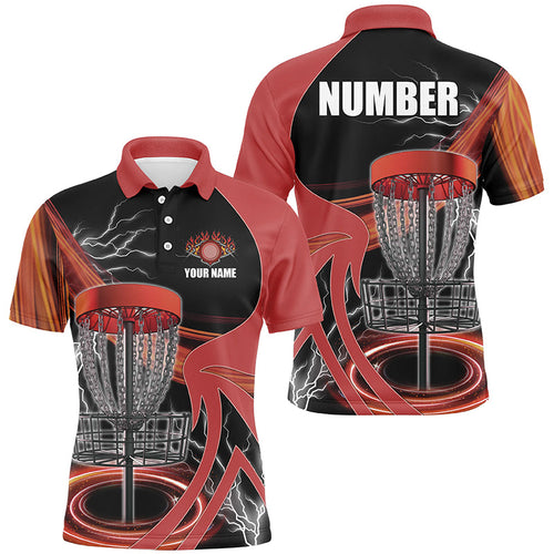 Mens disc golf polo shirt custom lightning thunder disc golf basket, frisbee golf jersey | Red NQS8528