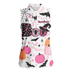 Pink ribbons Boo Halloween pumpkin breast cancer Women sleeveless polo shirt Custom Ladies Golf tops NQS8529