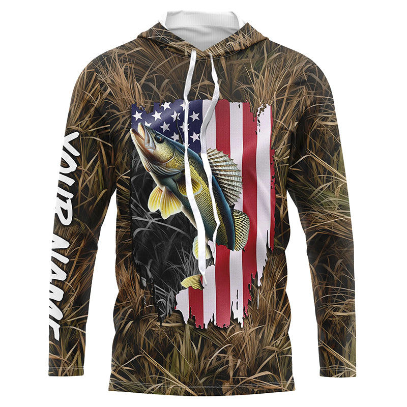 Custom American Walleye fishing camo shirts for men Performance Long Sleeve fishing shirt NQS1032
