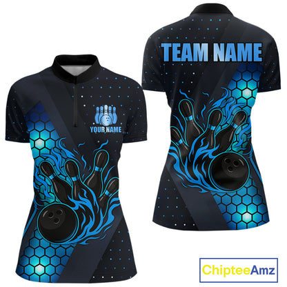 Black and Blue Flame Bowling Polo, 1/4 Zip Shirts for Women Custom Bowling Team Jersey Bowler Outfit NQS10925