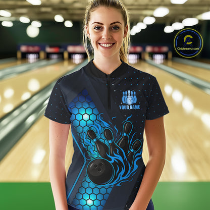 Black and Blue Flame Bowling Polo, 1/4 Zip Shirts for Women Custom Bowling Team Jersey Bowler Outfit NQS10925