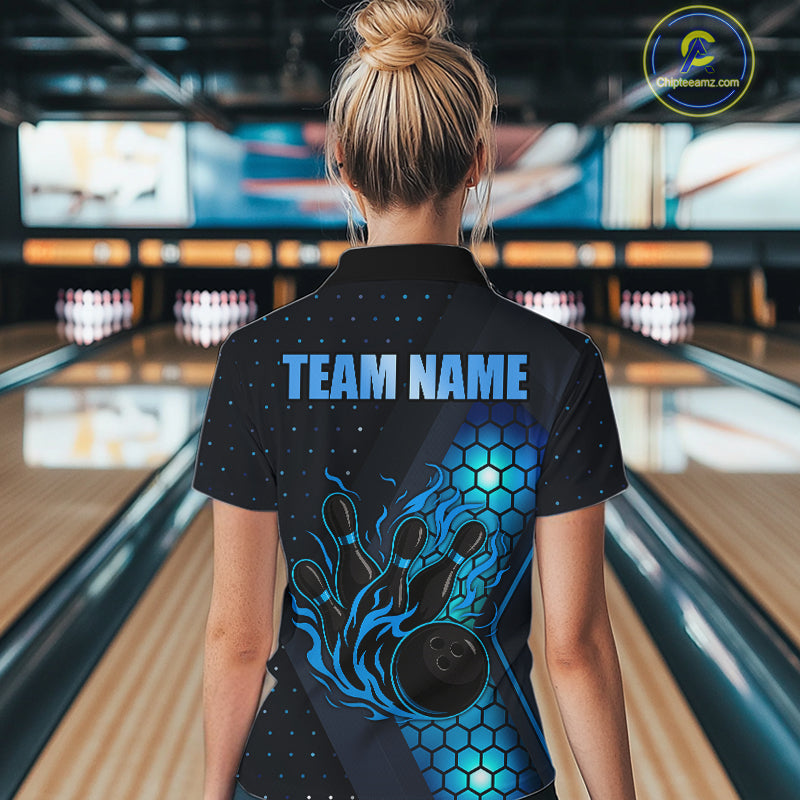 Black and Blue Flame Bowling Polo, 1/4 Zip Shirts for Women Custom Bowling Team Jersey Bowler Outfit NQS10925