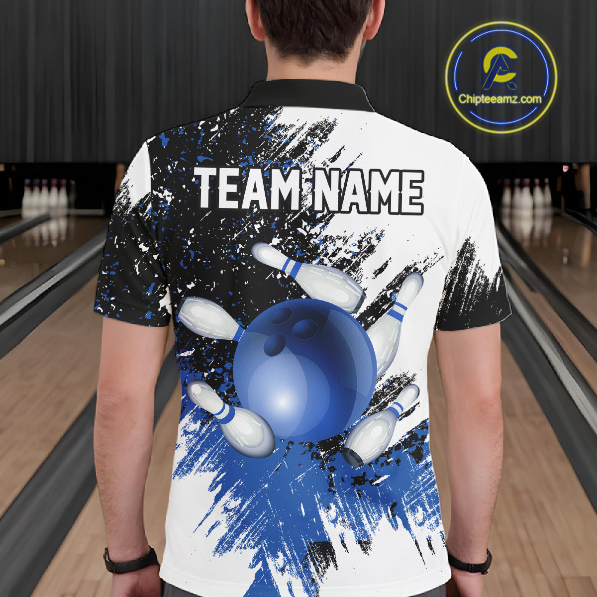 Black and White Men Bowling Polo, Quarter Zip Shirt Custom bowling jersey, mens bowling outfit | Blue NQS11305