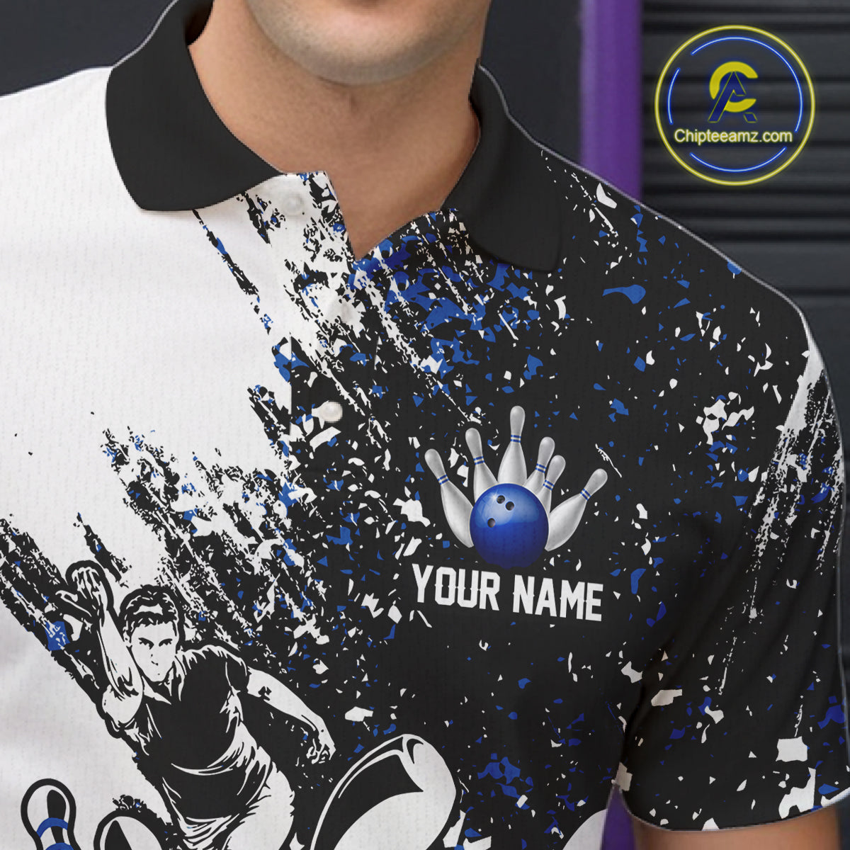 Black and White Men Bowling Polo, Quarter Zip Shirt Custom bowling jersey, mens bowling outfit | Blue NQS11305
