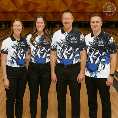 Black and White Men Bowling Polo, Quarter Zip Shirt Custom bowling jersey, mens bowling outfit | Blue NQS11305