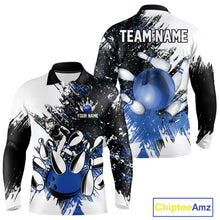 Load image into Gallery viewer, Black and White Men Bowling Polo, Quarter Zip Shirt Custom bowling jersey, mens bowling outfit | Blue NQS11305