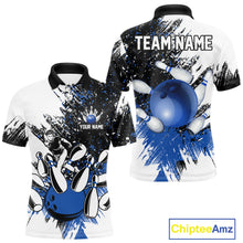Load image into Gallery viewer, Black and White Men Bowling Polo, Quarter Zip Shirt Custom bowling jersey, mens bowling outfit | Blue NQS11305