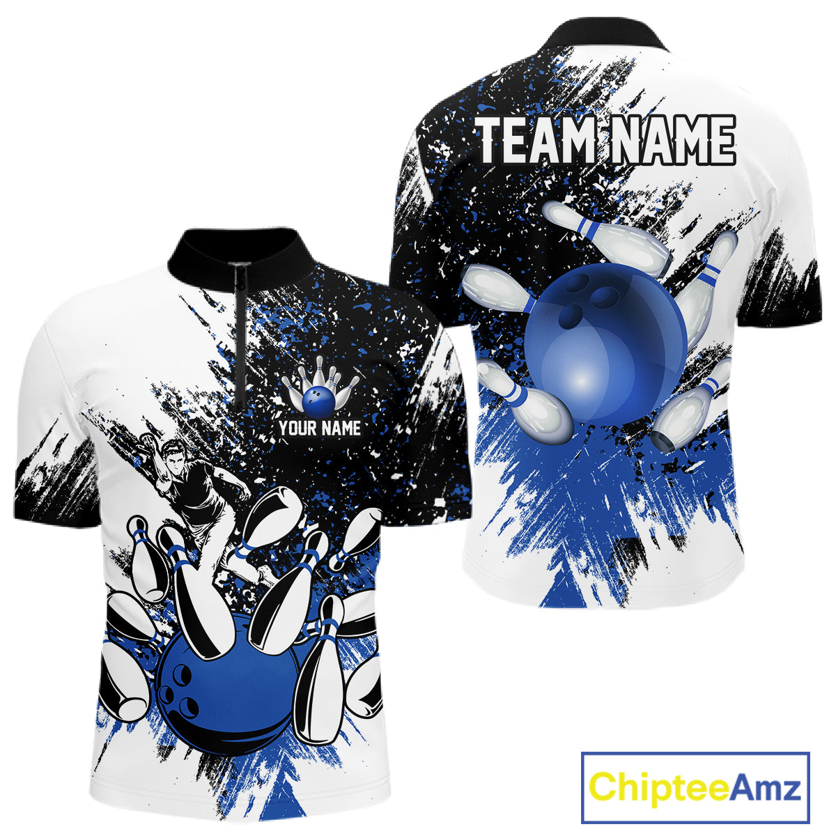 Black and White Men Bowling Polo, Quarter Zip Shirt Custom bowling jersey, mens bowling outfit | Blue NQS11305