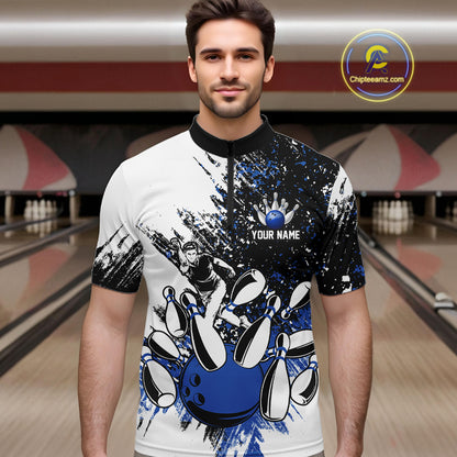 Black and White Men Bowling Polo, Quarter Zip Shirt Custom bowling jersey, mens bowling outfit | Blue NQS11305