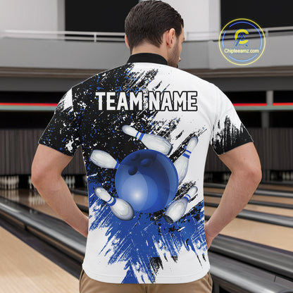 Black and White Men Bowling Polo, Quarter Zip Shirt Custom bowling jersey, mens bowling outfit | Blue NQS11305