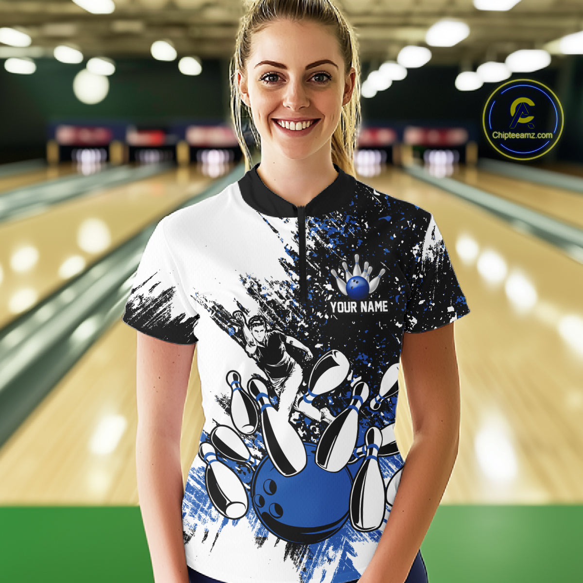 Black & White Women Bowling Polo, 1/4 Zip Shirts Custom bowling jersey, girls bowling outfit | Blue NQS11305