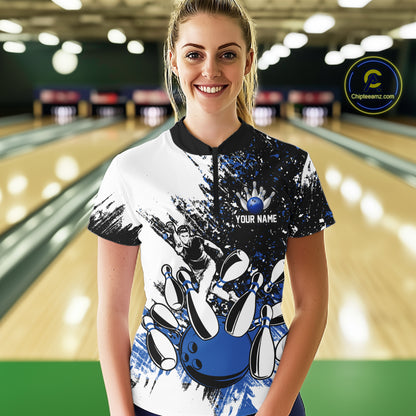 Black & White Women Bowling Polo, 1/4 Zip Shirts Custom bowling jersey, girls bowling outfit | Blue NQS11305
