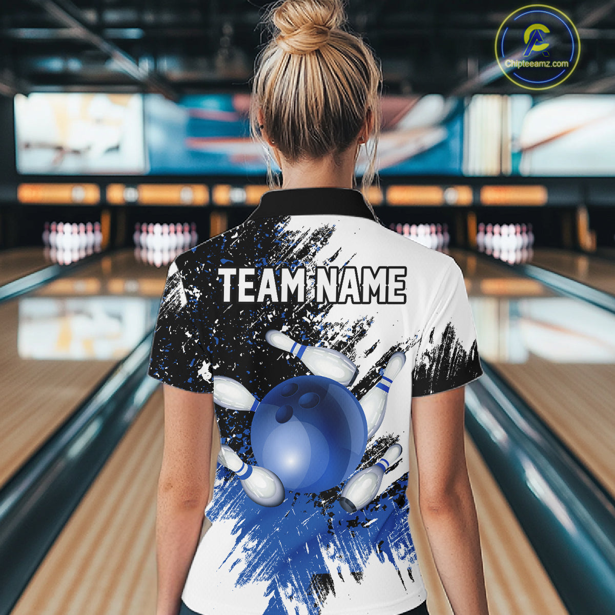 Black & White Women Bowling Polo, 1/4 Zip Shirts Custom bowling jersey, girls bowling outfit | Blue NQS11305
