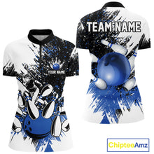 Load image into Gallery viewer, Black &amp; White Women Bowling Polo, 1/4 Zip Shirts Custom bowling jersey, girls bowling outfit | Blue NQS11305
