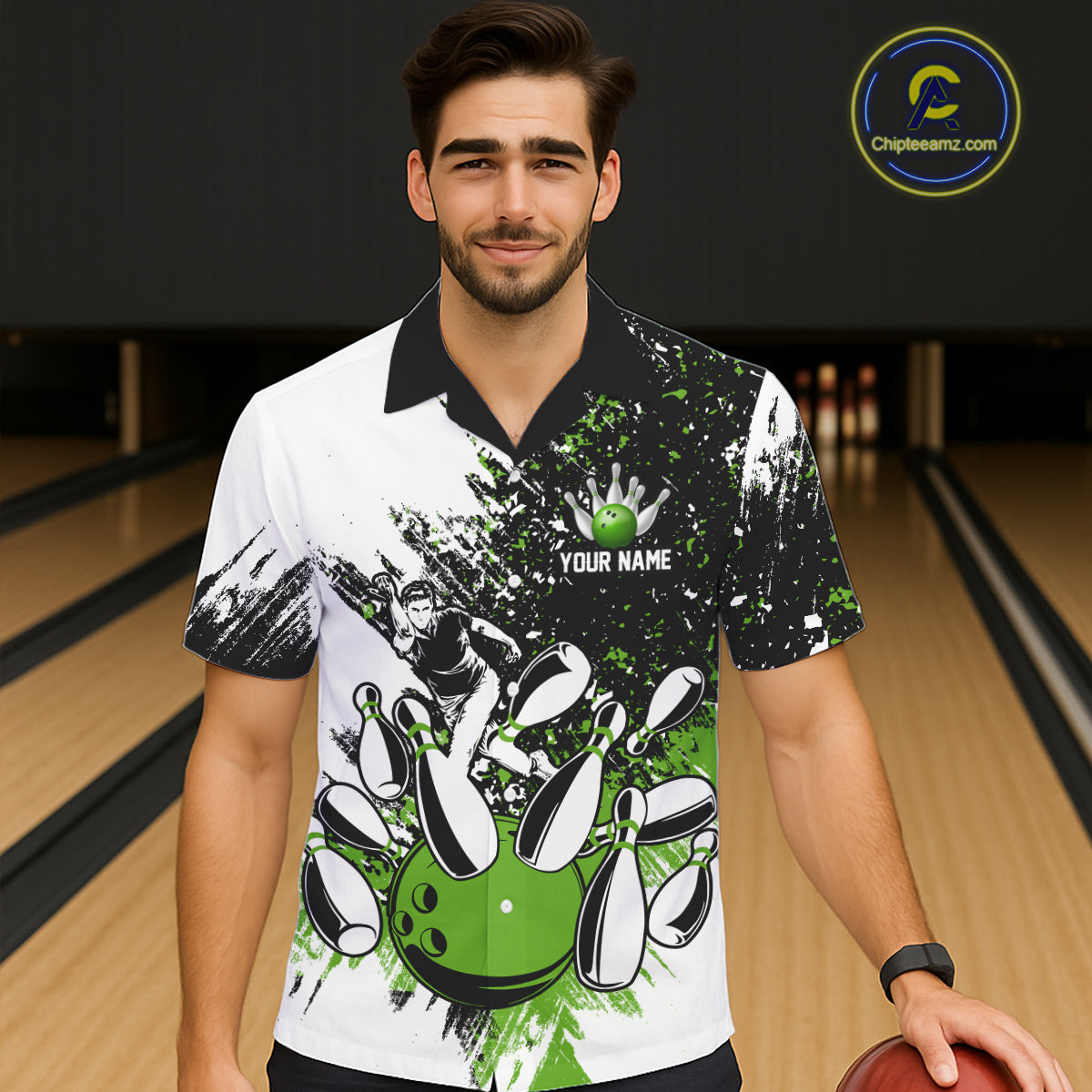 Black & White Women Bowling Hawaiian Shirt Custom bowling button-up shirt, bowling outfit | Green NQS11306