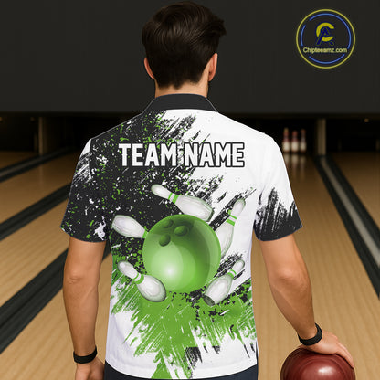 Black & White Women Bowling Hawaiian Shirt Custom bowling button-up shirt, bowling outfit | Green NQS11306