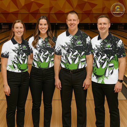 Black & White Men Bowling Polo, Quarter Zip Shirt Custom bowling jersey, mens bowling outfit | Green NQS11306