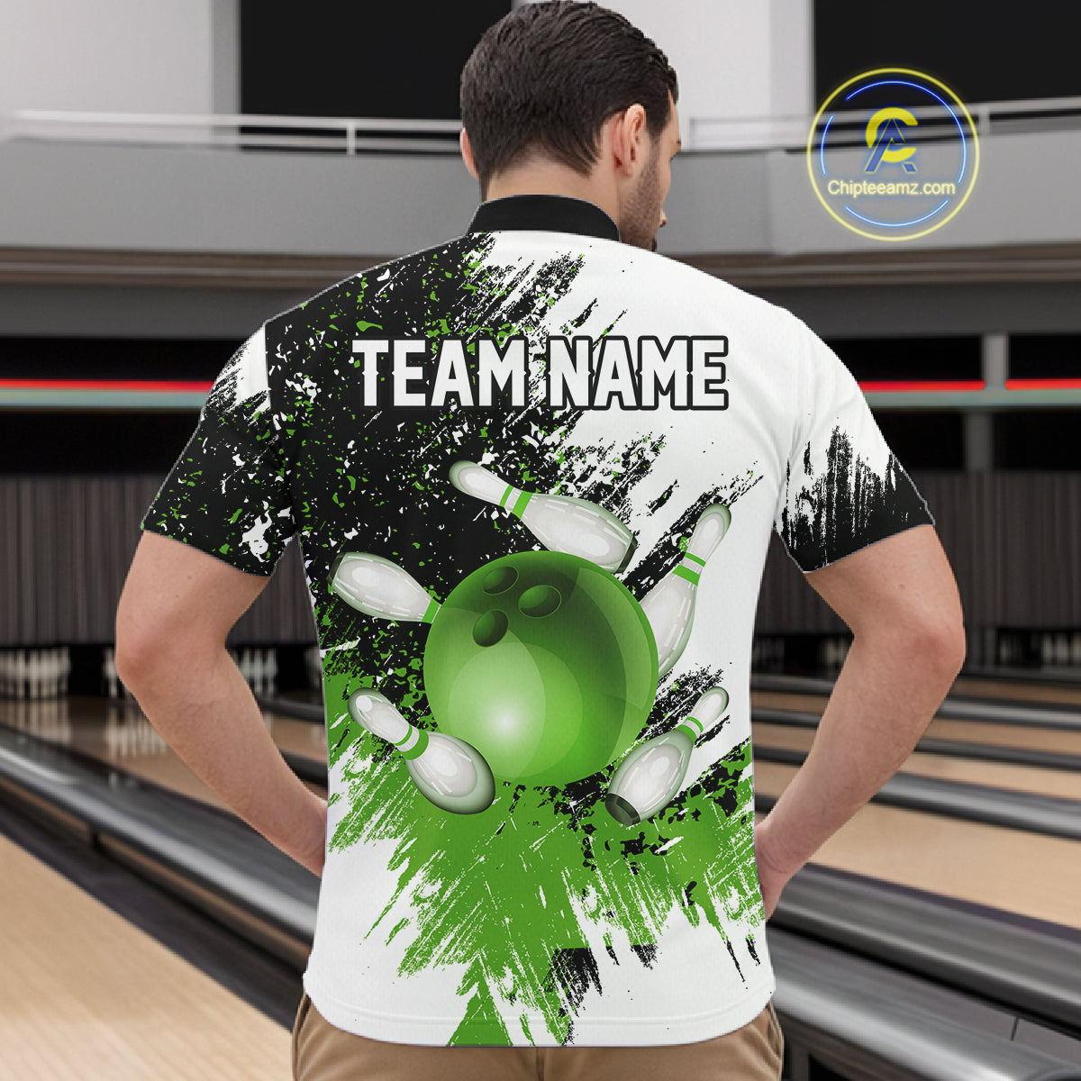 Black & White Men Bowling Polo, Quarter Zip Shirt Custom bowling jersey, mens bowling outfit | Green NQS11306