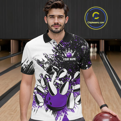 Black & White Men Bowling Polo, Quarter Zip Shirt Custom bowling jersey, mens bowling outfit | Purple NQS11307