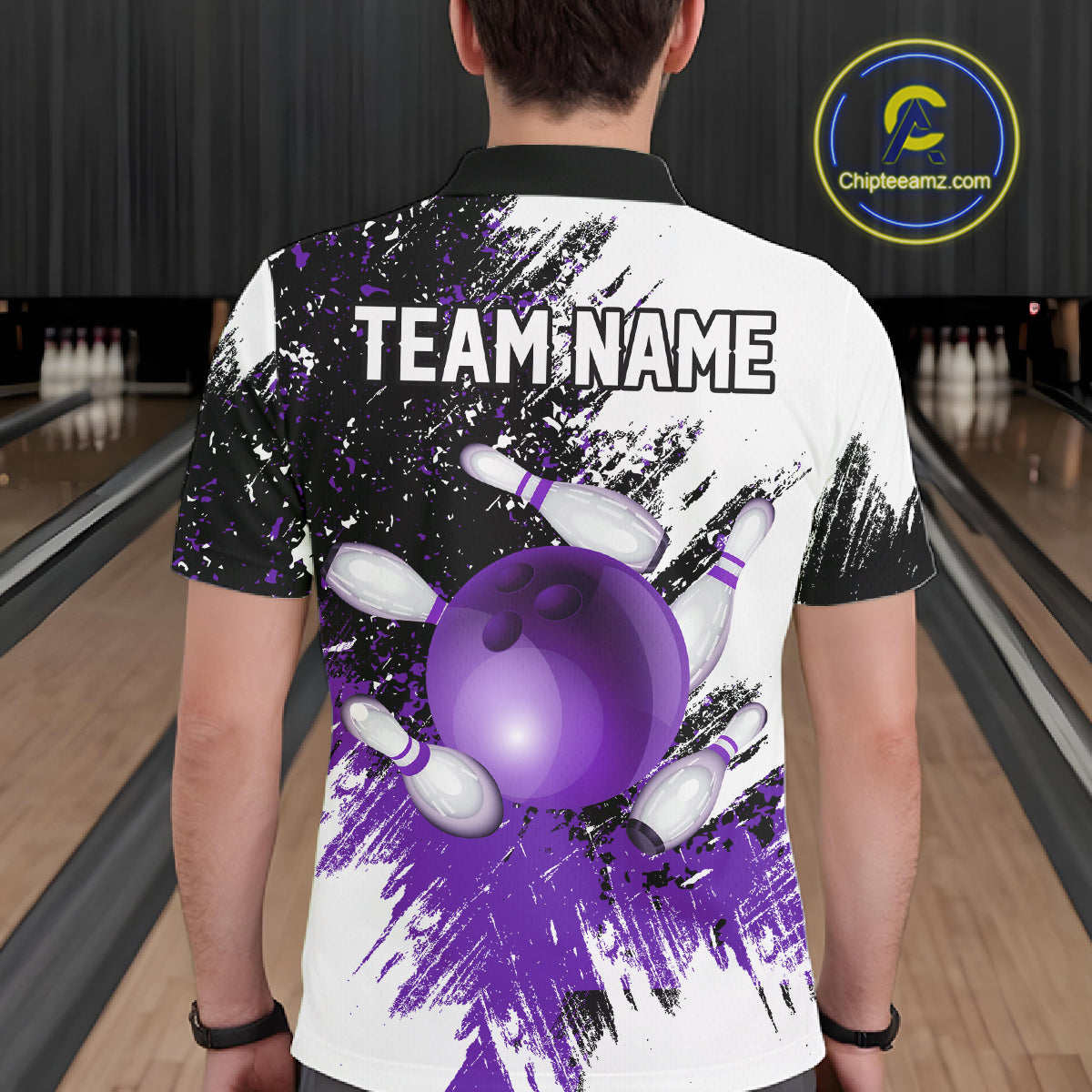 Black & White Men Bowling Polo, Quarter Zip Shirt Custom bowling jersey, mens bowling outfit | Purple NQS11307