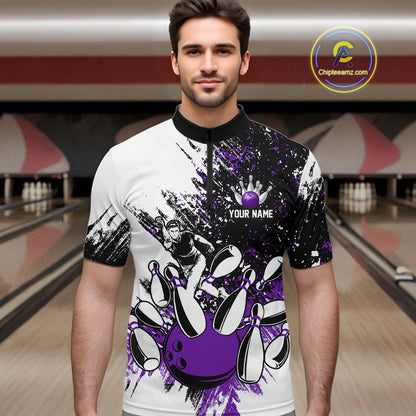 Black & White Men Bowling Polo, Quarter Zip Shirt Custom bowling jersey, mens bowling outfit | Purple NQS11307