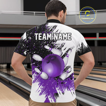 Black & White Men Bowling Polo, Quarter Zip Shirt Custom bowling jersey, mens bowling outfit | Purple NQS11307