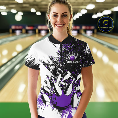 Black & White Women Bowling Polo, 1/4 Zip Shirts Custom bowling jersey, girls bowling outfit | Purple NQS11307