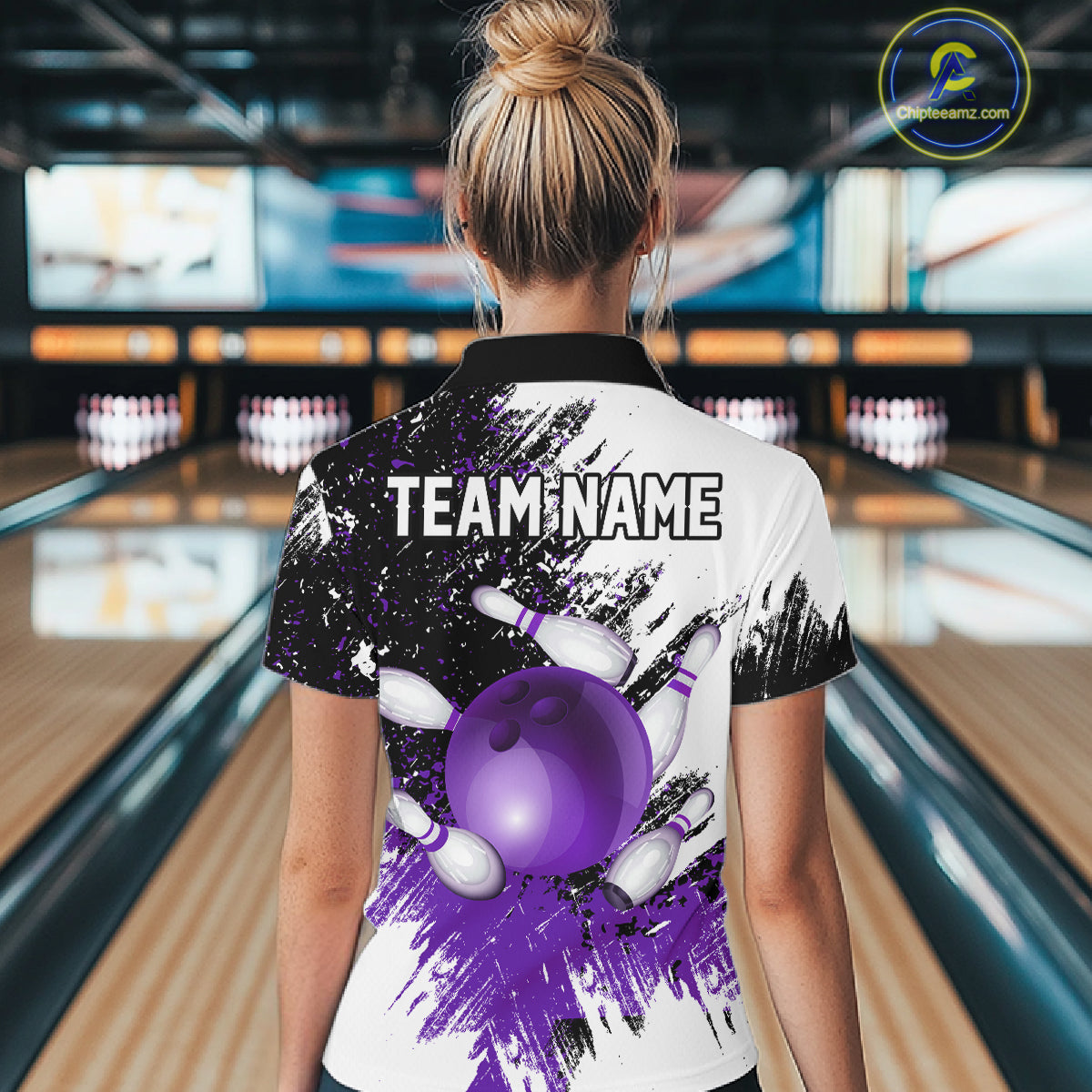 Black & White Women Bowling Polo, 1/4 Zip Shirts Custom bowling jersey, girls bowling outfit | Purple NQS11307
