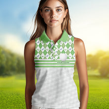 Load image into Gallery viewer, Green argyle pattern American flag white Women sleeveless polos custom patriotic gifts for golf lovers NQS9595