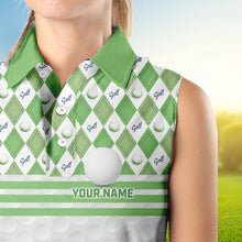 Load image into Gallery viewer, Green argyle pattern American flag white Women sleeveless polos custom patriotic gifts for golf lovers NQS9595