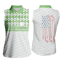 Load image into Gallery viewer, Green argyle pattern American flag white Women sleeveless polos custom patriotic gifts for golf lovers NQS9595