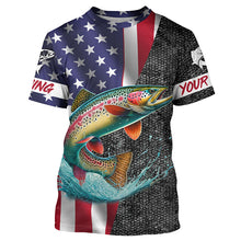 Load image into Gallery viewer, American Flag Rainbow trout Fishing Custom long sleeve performance Fishing Shirt, Trout Fishing jersey NQS7884