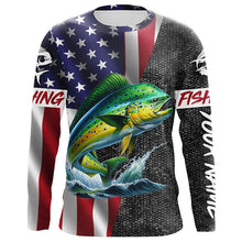 Load image into Gallery viewer, American Flag Mahi Mahi Fishing Custom long sleeve performance Fishing Shirt, Dorado Fishing jersey NQS7885