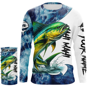 Mahi Mahi Fishing blue ocean sea wave camo Custom long sleeve performance fishing jerseys shirts NQS7886