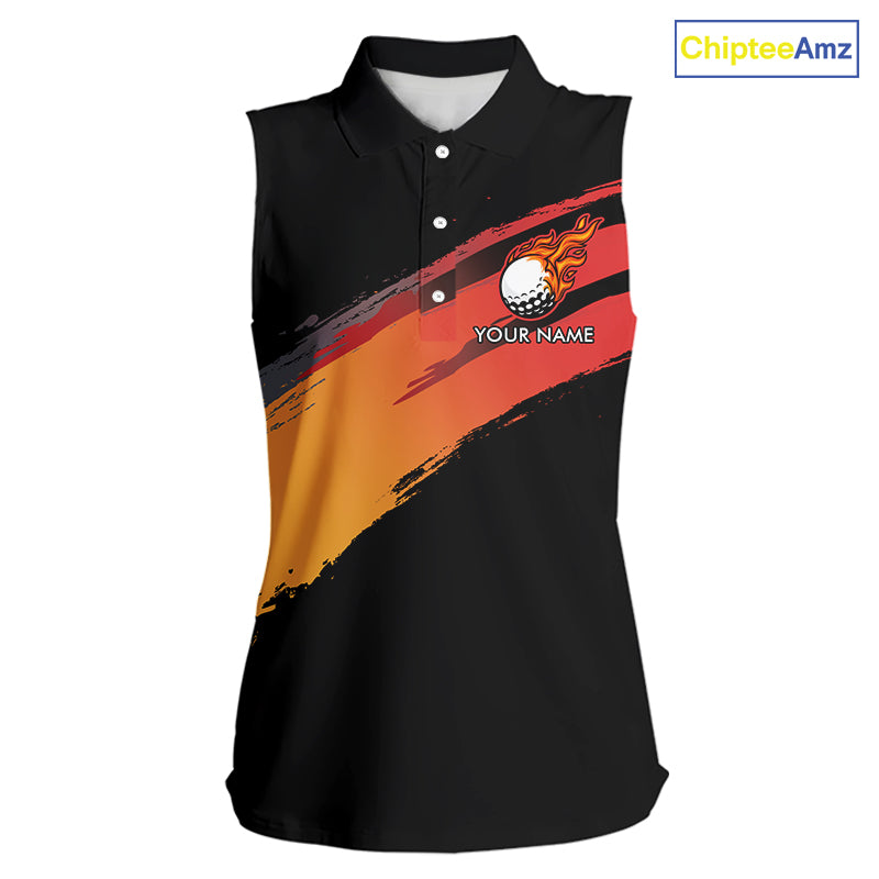 Black and Orange gradient flame golf ball Women sleeveless polo shirt custom ladies golf clothes NQS10168