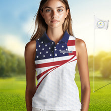 Load image into Gallery viewer, Red, White and Blue American Flag Sleeveless Polo shirt for Women custom patriotic ladies golf attire NQS10304