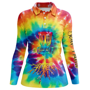 Womens disc golf polo shirts with colorful tie dye background custom disc golf jerseys, disc golf gift NQS6200