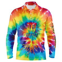 Load image into Gallery viewer, Mens disc golf polo shirts with colorful tie dye background custom disc golf jerseys, disc golf gift NQS6200