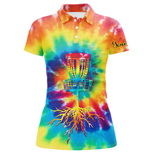 Load image into Gallery viewer, Womens disc golf polo shirts with colorful tie dye background custom disc golf jerseys, disc golf gift NQS6200