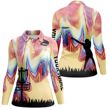 Load image into Gallery viewer, Womens disc golf polo shirt with colorful tie dye background disc golf basket custom disc golf jerseys NQS6204