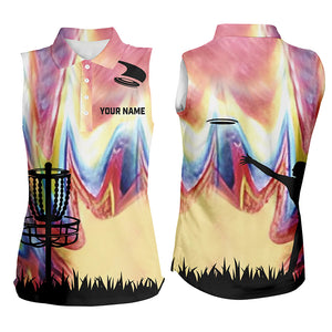 Women sleeveless polo shirts with colorful tie dye background disc golf basket custom disco golf outfit NQS6204