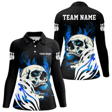 Load image into Gallery viewer, Black and Blue Skull Bowling Polo, Quarter Zip Shirts For Women Custom Bowling Team League Jersey NQS8781