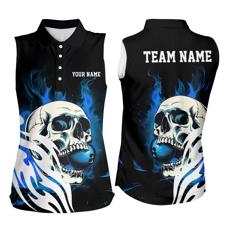 Black and Blue Skull Bowling Sleeveless Polo Shirts Custom Bowling Team League Jersey NQS8781