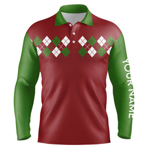 Green, Red and White argyle pattern Mens golf polo shirt custom Christmas golf attire for men NQS8784