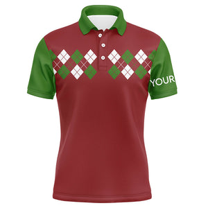 Green, Red and White argyle pattern Mens golf polo shirt custom Christmas golf attire for men NQS8784