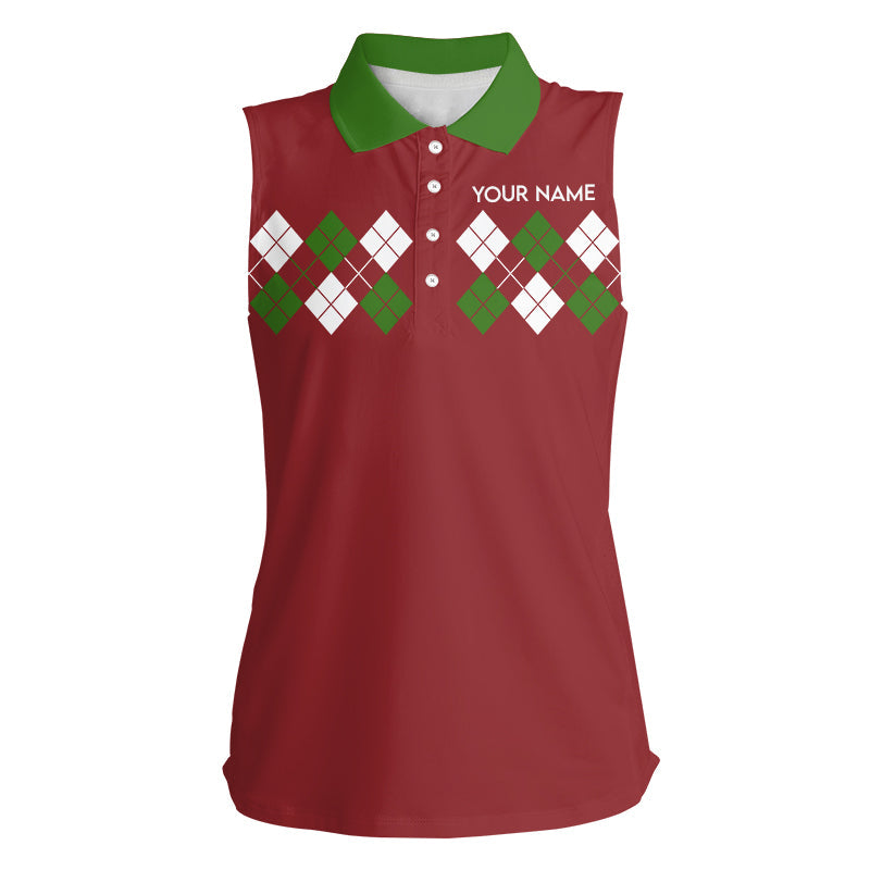 Green, Red & White argyle pattern Womens sleeveless polo shirt custom Christmas golf attire for ladies NQS8784